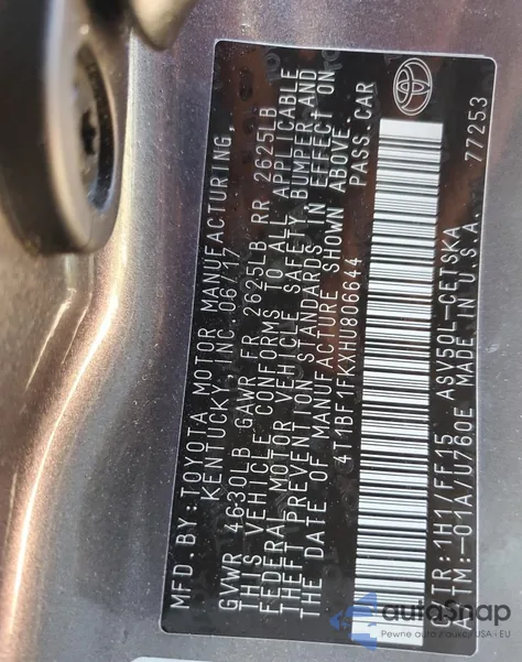 2017 Toyota Camry Le из США, поврежденный, VIN 4T1BF1FKXHU806644